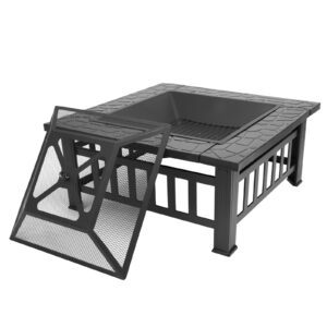 Portable Outdoor Square Metal Fire Pit with Accessories, Black