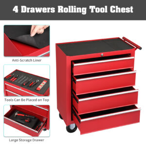 Steel Tool Cart with 4 Drawers, Single Base Cabinet, 330lb Capacity, Red