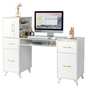 White Relief Manicure Table with Tempered Glass Top - 3 Doors, 2 Drawers, Fanless Design - 141x50x112cm