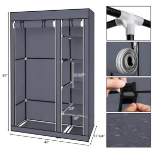 67 Inch Portable Closet Wardrobe with Hanging Rod and Shelves, Gray