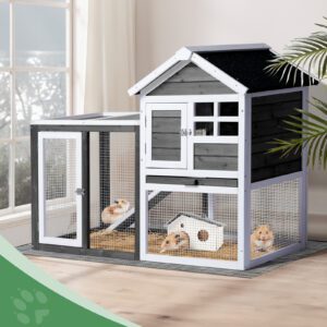 Wooden Rabbit Hutch for Small Animals with Run and Pull-Out Tray, Grey