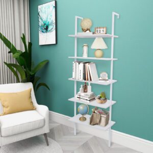 Industrial 5-Tier Ladder Bookcase with Metal Frame and Wood Shelves, White