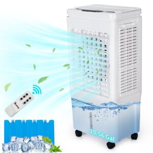 Portable Evaporative Air Cooler - 3-in-1, 2059CFM, 10.56 Gal Tank, Remote, 4 Ice Packs, White
