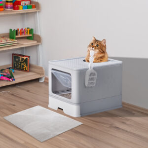 Large Enclosed Cat Litter Box with Lid, Slide-Out Tray & Scoop - Front Entry Top Exit - Gray