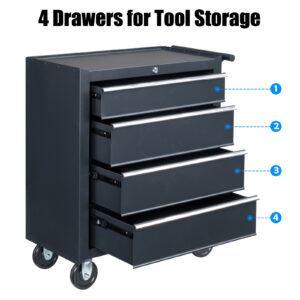 Single Base Cabinet 4-Drawer Steel Instrument Cart, Black, 330lb Capacity