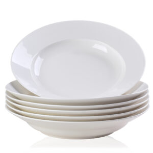 6 White Dinner Plates, 9.5 Inch Round Ceramic Dishes - Dishwasher, Microwave & Oven Safe
