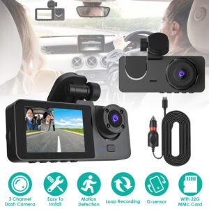 3 Channel Dash Cam with Front, Inside, Rear Cameras - G Sensor, Motion Detection, Parking Monitor