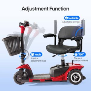 Red Foldable 3-Wheel Electric Mobility Scooter for Adults & Seniors w/ Basket & Extended Battery