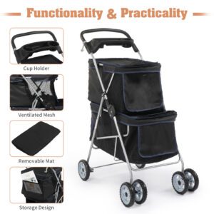 Double Pet Stroller for 2 Dogs and Cats, 4 Wheel Waterproof Folding Carrier with Soft Pad, Black