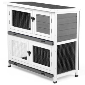2 Story Solid Wood Indoor Outdoor Rabbit Hutch with Removable Trays, Grey