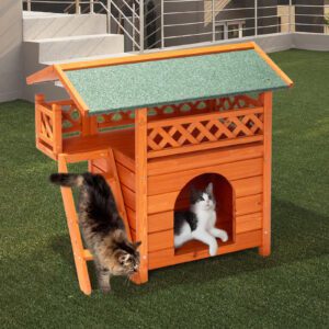 2-Story Wooden Cat House with Stairs & Weatherproof Roof - Orange&Green