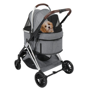 3-in-1 Folding Pet Stroller with Detachable Carrier & Storage Basket - Grey