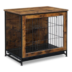 Rustic Brown Dog Crate Furniture with Cushion and Double Doors