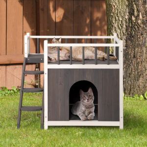 2-Story Wood Cat & Dog House for Outdoor/Indoor with Stairs, Grey/White