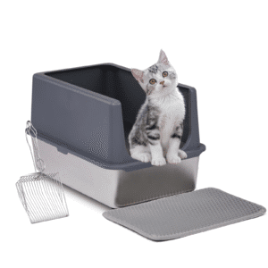XL Stainless Steel Cat Litter Box with Lid, High Sides, Includes Mat & Scoop, Gray