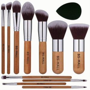 11-Piece Bamboo Makeup Brush Set with Kabuki Brushes, Storage Bag & Sponge