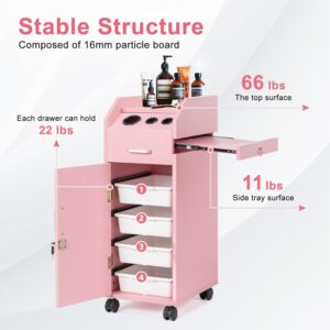 Pink Mobile Hair Salon Storage Cart with 3 Dryer Holders, 4 Drawers & Lock