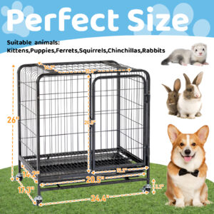 26 Inch Black Durable Cat Cage with Double Doors, Lockable Wheels & Slide-out Tray