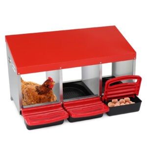 Red 3 Compartment Roll Out Chicken Nesting Box with Plastic Basket