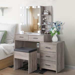 White Dressing Table Set with Mirror, 5 Drawers, 2 Shelves & 3 Dimming Lights