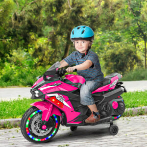 12V Electric Motorcycle for Kids with Light Wheels and Bluetooth Music - Pink